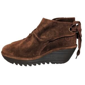 Fly London Yebi Platform Wedge Brown Suede Chunky Ankle Boot Women EU 41 US 10